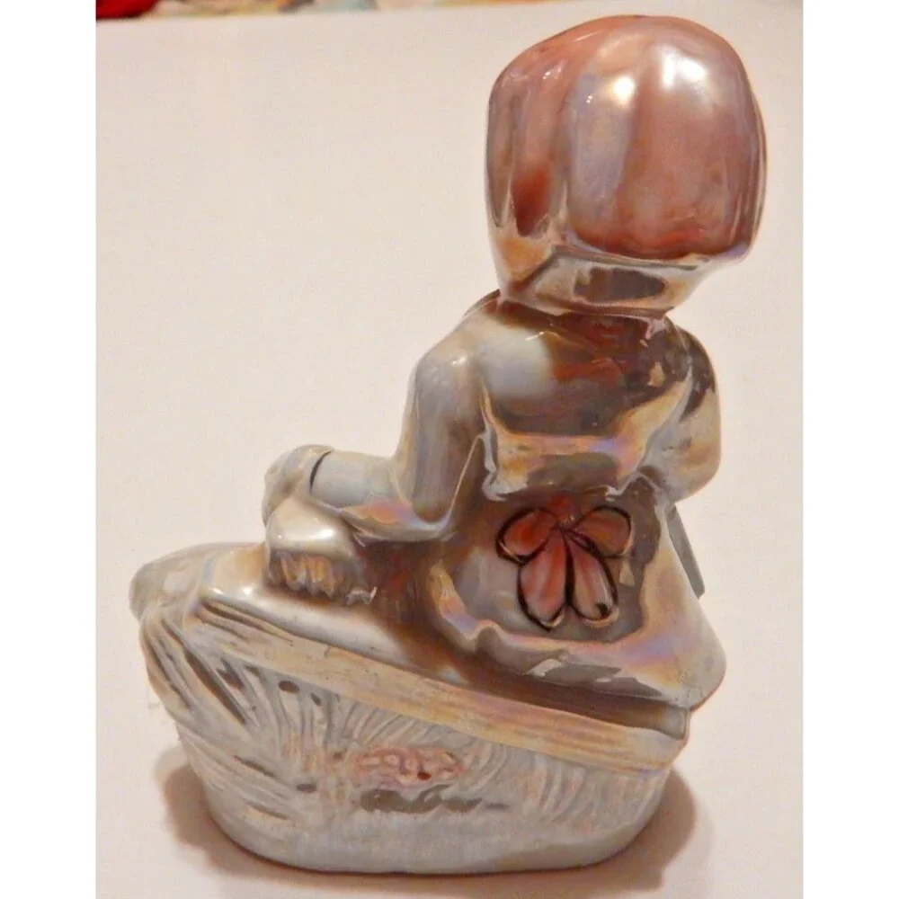 Vintage Lustreware Figurine Girl with Bonnet & Lamb Iridescent Porcelain Japan